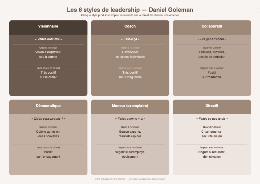 Schéma des 6 styles de leadership de Daniel Goleman management