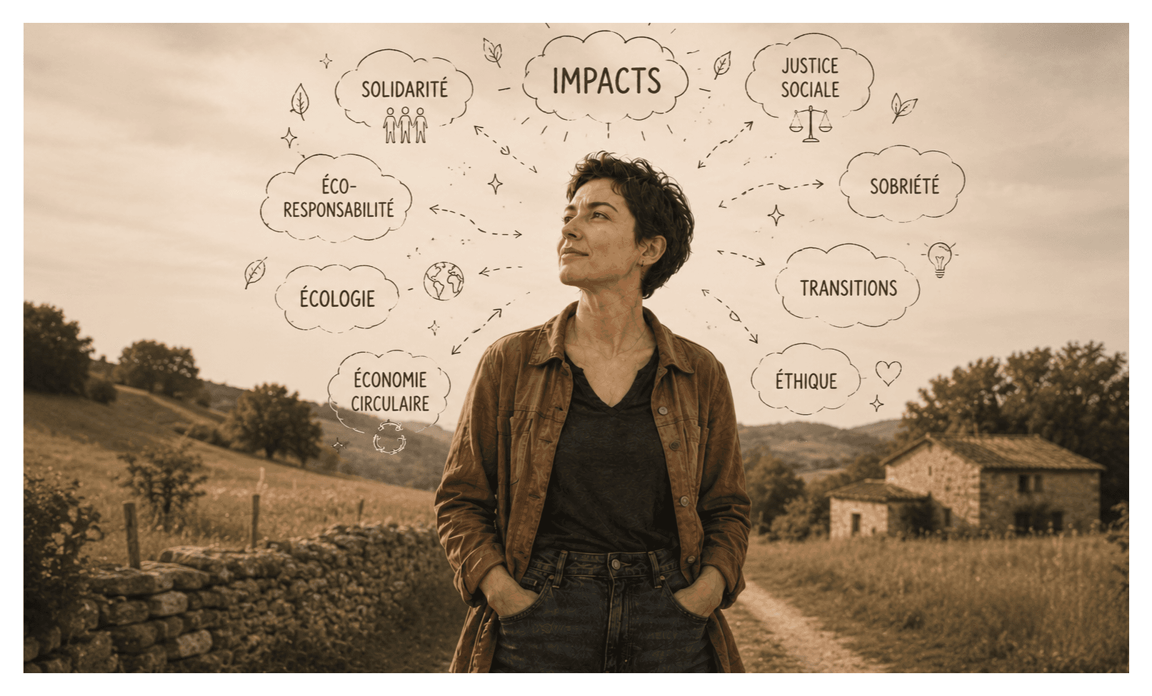 Femme en réflexion sur les métiers à impact, l'écologie, la solidarité et la justice sociale