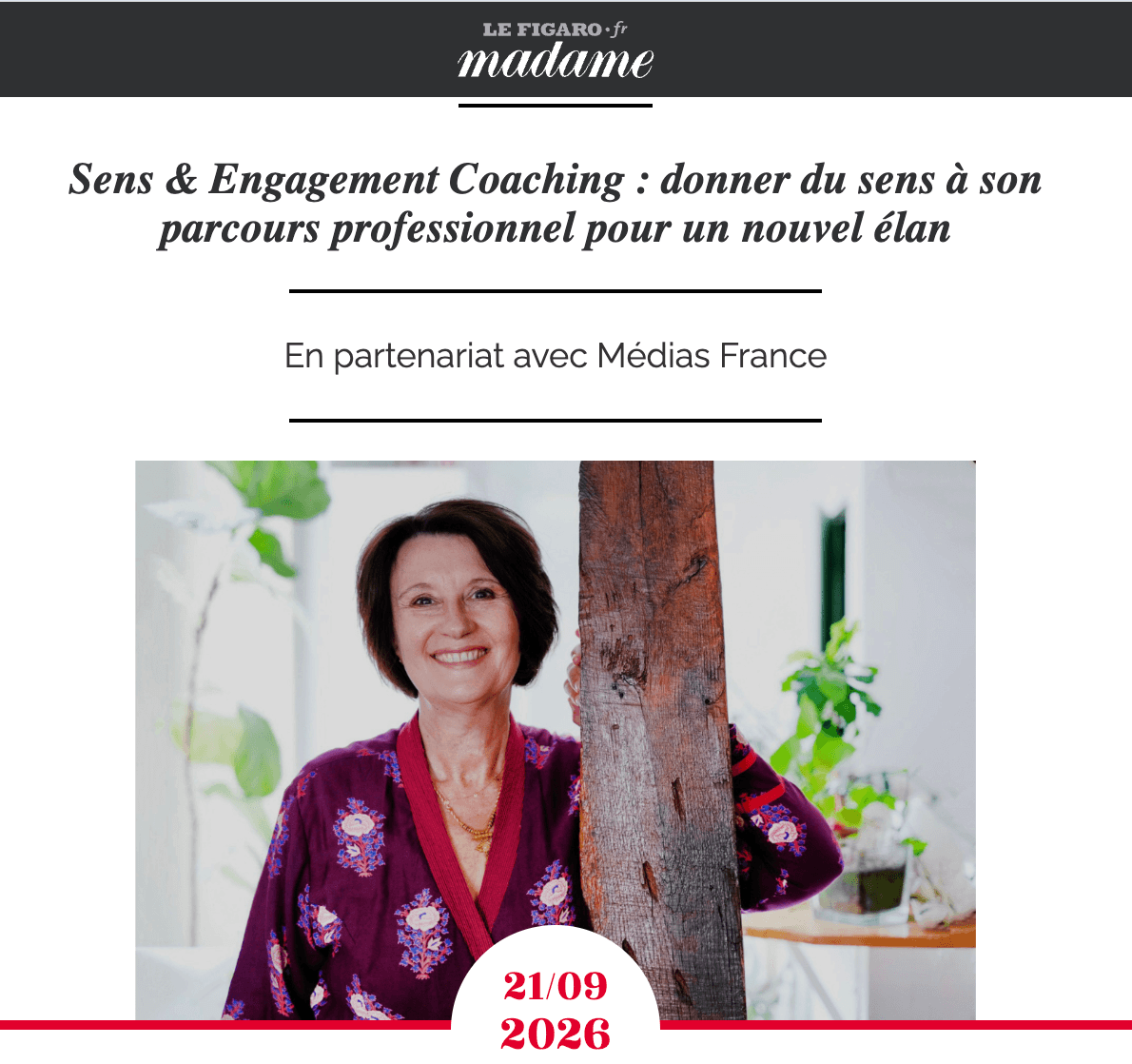 Aperçu de l’article Madame Figaro : Sens & Engagement Coaching, donner du sens à son parcours professionnel pour un nouvel élan, avec un portrait de Catherine Chevalier.